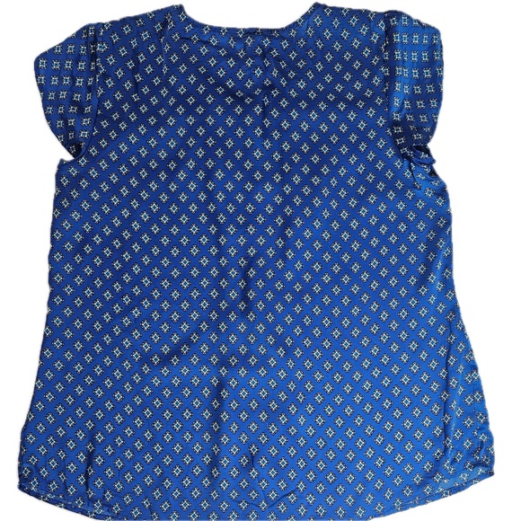 G.H. Bass Shirt Womens Large Blue Geometric Pintuck Cap Sleeve Button Front - Picture 2 of 4